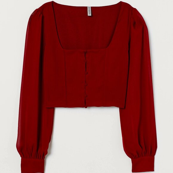 Deep Red Long Sleeved Chiffon Cropped Blouse, NEW, Size XS/Small - Picture 1 of 4